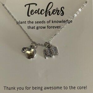 Cute Silver Teacher Apple w/Book Carded Necklace